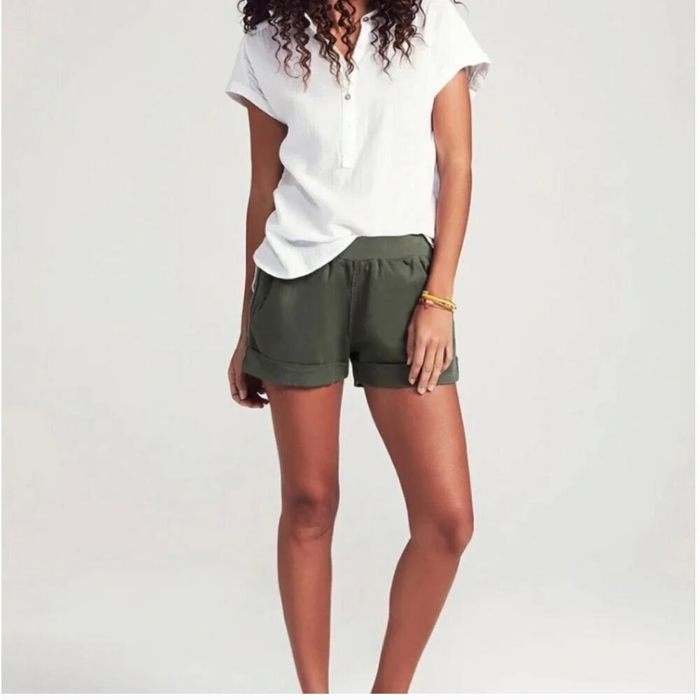 Faherty Arlie Day Linen Blend Elastic Waist Rolled Cuff Shorts Sz M Olive Green